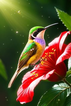 a colorful bird sitting on top of a flower next to a green and red flower