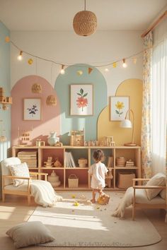 a child's room is decorated in pastel colors