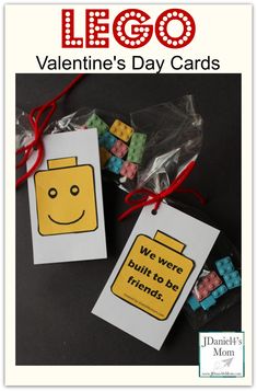 two lego valentine's day cards with the words we were built to be friends