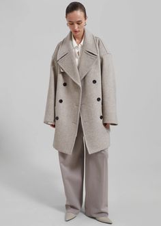 Calgary Oversized Wool Peacoat - Beige – The Frankie Shop Oversized Double-breasted Wool Coat For Formal Occasions, Oversized Notch Lapel Pea Coat For Business, Oversized Business Pea Coat With Notch Lapel, Oversized Wool Pea Coat With Double-breasted Buttons, Beige Wool Coat With Lapel Collar And Double Buttons, Oversized Wool Coat With Notch Lapel, Oversized Classic Pea Coat For Fall, Beige Double-breasted Pea Coat With Lapel Collar, Oversized Double-breasted Pea Coat For Business