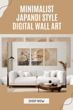 the minimalist japanese style digital wall art is on display in this living room setting