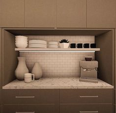 the shelves in this kitchen are filled with dishes and vases