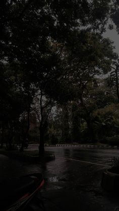 an empty parking lot in the rain with lots of trees