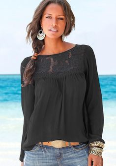 Black Floral Lace Insert Blouse X34505 | LASCANA Elegant Beach Tops With Lace Patchwork, Chic Blouse With Lace Patchwork For Day Out, Elegant Lace Trim Blouse For Beach, Bra Fitting Guide, Swim Brands, Lace Insert, Beautiful Blouses, Blouse Black, Shop Swimwear