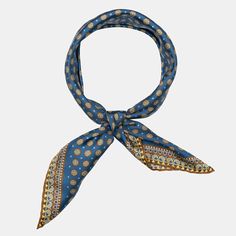 This neckerchief can effortlessly shift your style, whether you're going for a timelessly classic look or something a bit more rakish.The rich medallion pattern in terracotta with a touch of ochre on a Prussian blue background takes inspiration from the charm of Tuscany’s cobblestone streets.Crafted from luxurious silk twill—a must-have accessory for any man who appreciates refined elegance. Details The classic neckerchief size: Approx. 27" x 27" (70 x 70cm). A comfortably large size that fits m Elegant Blue Bandana, Elegant Blue Scarf With Bandana Print, Elegant Blue Scarf, Blue Vintage Silk Scarf For Formal Occasions, Vintage Blue Silk Scarf For Formal Occasions, Prussian Blue, Hand Roll, Silk Twill, Dots Pattern