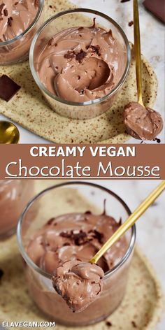 chocolate mousse in small bowls with spoons on the side and text overlay that reads creamy vegan chocolate mousse