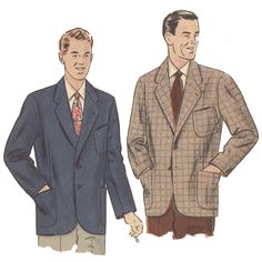 "MEN'S JACKET. Fabulous 1950s men's tailored blazer, featuring a two-button closing below long roll-revers of the notched collar. The blazers has three large patch-pockets, two places on the hips and one on the chest. Also features straight two-piece sleeves, with three buttons at the wrist. Offered here as: Paper Pattern or the Original Pattern. Skill Level: Intermediate Size Guide: Chest: 40\" (102cm) Length of jacket at centre-back from natural neckline: 31 ½\" (80cm) Sewing Notions: Matching Retro Single-breasted Blazer With Suit Collar, Retro Workwear Blazer With Welt Pockets, Retro Blazer With Welt Pockets For Work, Retro Tailored Single Breasted Blazer, Retro Blazer With Lapel Collar For Business, Retro Business Blazer With Lapel Collar, Retro Business Blazer With Suit Collar, Retro Blazer With Buttons For Formal Occasions, Retro Formal Blazer With Buttons