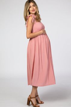 Pink Smocked Tie Strap Maternity Midi Dress – PinkBlush Maternity Midi Dress With Smocked Bodice, Casual Maternity Dress With Smocked Back, Maternity Midi Dress With Smocked Back, Summer Maternity Dress With Smocked Back, Summer Maternity Midi Dress With Smocked Back, Casual Maternity Midi Dress With Smocked Back, Casual Summer Maternity Dress With Ruched Details, Maternity Dress With Smocked Back And Empire Waist, Casual Summer Maternity Smocked Dress