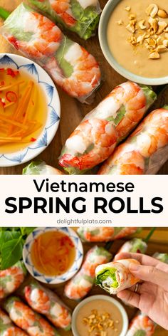 vietnamese spring rolls with dipping sauce and peanuts