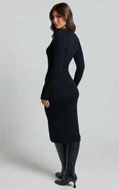 Dress With Short Boots Midi, St Jonh Knit Dress Classy, Long Sleeve Jersey Knit Dress, Dresses With Boots Fall Midi, Luxury Winter Dresses With Button Closure, Ribbed Dress Long, Fall Midi Dress 2022, Black Dress Midi Long Sleeve, Petite Knit Dress