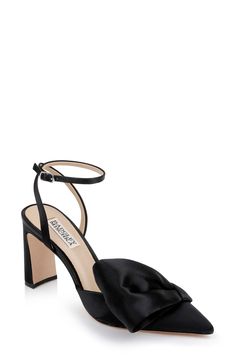 An asymmetric vamp bow adds contemporary dimension to an elegant satin pump framed by a pointy toe and demi block heel. 3 1/2" heel Adjustable ankle strap with buckle closure Memory foam cushioning Textile upper/leather lining and sole Imported Satin Pumps, Badgley Mischka, Black Pumps, Black Satin, Women's Pumps, Block Heels, Ankle Strap, Memory Foam, Nordstrom