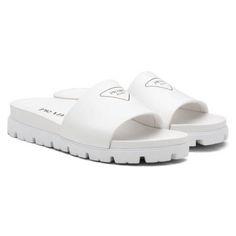 Authentic Prada Men’s Leather Silkscreen Logo Print Slides Sandals Size Us 12, Uk 11 And Size Us 12.5, Uk 11.5 Bought From Nordstrom Department Store Color: White, Bianco White Leather Silkscreen Logo Print Slides From Prada Featuring Open Toe, Branded Insole, Tonal Stitching, Logo Print To The Front, Branded Insole, Moulded Footbed And Ridged Rubber Sole. Prada's Iconic Triangle Logo Takes Center Stage On A Leather Slide Sandal That Comfortably Supports With An Anatomical Footbed And A Lugged R White Leather Slides With Textured Sole, Classic White Sandals With Leather Sole, Modern White Leather Slides, Luxury Calf Leather Sandals With Textured Sole, Luxury Slip-on Sandals With Textured Sole, White Leather Slides With Rubber Sole, Modern White Slides With Leather Footbed, White Slides With Leather Sole For Summer, Modern White Sandals With Rubber Sole