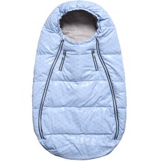 a blue sleeping bag with zippers on the front and side, it's attached to