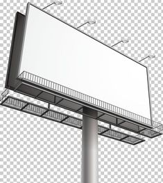 an empty billboard on a pole with lights and street lamps above it, against a transparent background