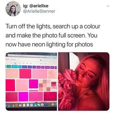 a woman with pink hair and makeup on her face next to a computer screen that says, turn off the lights, search up a color and make the photo full screen you now have neon lighting for photos