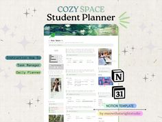 a computer screen with the text cozy space student planner next to it and an image of a laptop