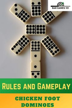 four dices arranged in the shape of a cross with words rules and game play chicken foot dominos