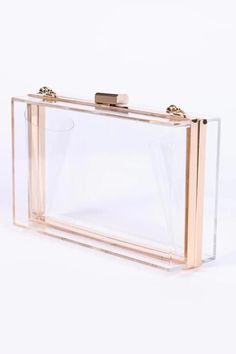 Clear Acrylic Box Clutch - By Jenna Lee - Color Game Trendy Gold Rectangular Clutch, Modern Gold Rectangular Clutch, Gold Rectangular Clutch, Gold Rectangular Bag With Clear Strap, Acrylic Box Clutch, Romper And Jacket, Box Clutch, Shoulder Chain, Clear Bags