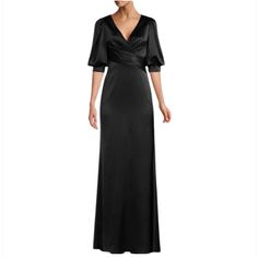 Aidan Mattox Puff Sleeve Satin Gown Gorgeous Dress Satin Gown Acetate / Polyester (B-20) Fitted Maxi Dress With Satin Finish For Evening, Formal Satin Finish Floor-length Maxi Dress, Fitted Full Length Satin Evening Dress, Formal Satin Finish Maxi Dress, Satin Finish Full Length Evening Dress, Black Gown With Satin Finish For Gala, Black Satin Finish Evening Dress For Wedding, Black Satin Finish Gown For Gala, Full Length Evening Gown With Satin Finish