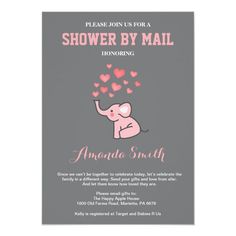 an elephant baby shower by mail card with hearts floating out of it's trunk