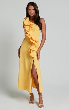 Rita Midi Dress - One Shoulder Ruffle Detail Dress in Yellow Poplin Fabric, Dress First, Yellow Dress, Dress Details, Yellow Color, Midi Length, Cotton Material, Dresses For Sale, A Line Dress