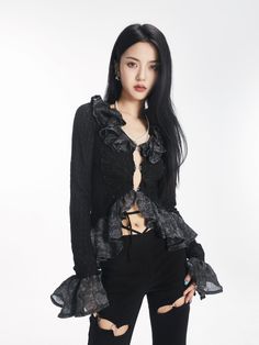 Material: Polyester90%/Polyurethane10
 Model: 170cm/52kg




 Shoulder width
 Length
 Chest
 Sleeve Length
 Waist Circumference


 one size
 35-42cm
 53cm
 74-94cm
 82cm
 72-92cm Gothic Ruffled Blouse For Spring, Spring Gothic Blouse With Ruffles, Winter Ruffle Top For Night Out, Ruffled Tops For Winter Night Out, Ruffled Top For Night Out In Winter, Winter Party Blouse With Ruffles, Gothic Long Sleeve Outerwear With Ruffles, Elegant Blouses, No Frills