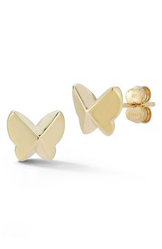 Elevate your everyday ensemble with butterfly-shaped studs crafted from polished 14-karat gold for added gleam. 0.27"W x 0.23"L Post back 14k-gold Made in Turkey 14k Yellow Gold Earrings With Butterfly Charm, Butterfly-shaped Yellow Gold Earrings For Anniversary, Yellow Gold Butterfly Earrings For Anniversary, Butterfly-shaped Yellow Gold Anniversary Earrings, 14k Gold Butterfly Jewelry For Formal Occasions, Formal 14k Gold Butterfly Jewelry, 14k Gold Butterfly Earrings For Anniversary, Hypoallergenic Yellow Gold Butterfly Jewelry, Hypoallergenic Butterfly-shaped Yellow Gold Jewelry