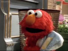 the sesame street character is sitting in front of a potted plant and looking at the camera