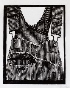 a black and white drawing of overalls with suspenders hanging from the straps on them