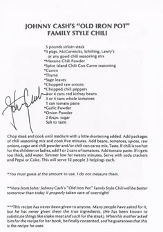 an autographed copy of johnny cash's old iron pot family style chili