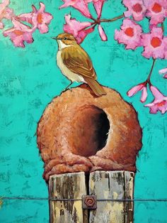 a painting of a bird sitting on top of a piece of wood with pink flowers in the background