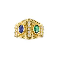 Crafted to captivate, our gold ring showcases the allure of two stunning oval Emerald and oval Sapphire gemstones, a harmonious symphony of elegance and sophistication designed to adorn your moments with radiant beauty. 100% handmade in our workshop. Metal: 14K Gold| 18K Gold Gemstones: Sapphire oval | weight 0,55 ct Emerald oval | weight 0,40 ct Diamonds | weight 0,19 ct Discover the art of personalization as you select your dream jewelry, choosing the perfect gemstone that resonates with your Oval Byzantine Gemstone Ring, Byzantine Oval Gemstone Ring, Oval Byzantine Style Anniversary Rings, Byzantine Style Oval Anniversary Rings, Yellow Gold Oval Byzantine Ring, Yellow Gold Byzantine Oval Ring, Byzantine Oval Wedding Rings, Sapphire Gold Ring, Radiant Beauty