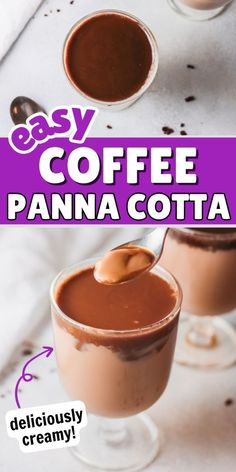 two glasses filled with hot chocolate and topped with caramel on the rim, next to an easy coffee panna cota recipe