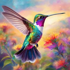 a painting of a hummingbird flying over flowers