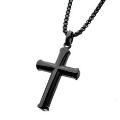 Men's Stainless Steel Black Plated Apostle Cross Pendant Pendant With Chain, Black Plates, Cross Designs, Jewelry Packaging, Box Chain, Cross Pendant, Mens Jewelry, Plating, Stainless Steel