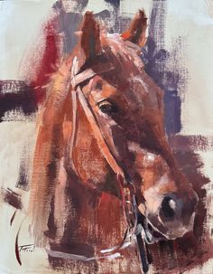 a painting of a brown horse with a bridle on it's head