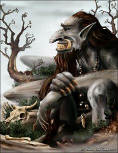 an image of a creature with long hair and fangs on it's face sitting in the woods