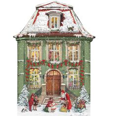 a green house with christmas decorations on the front door and windows covered in white snow