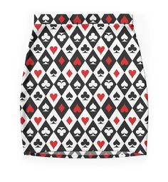 Super stretchy and durable polyester mini skirt. Vibrant, high-quality sublimation print across the front and back. Size range XXS-2XL. Playing cards suit symbols pattern design in red, black and white colors. The symbols (heart, spade, club and diamond) are placed in diamond shapes. Fitted Black Printed Skirt, Pay Check, White Colors, Black And White Colour, Black Skirt, Skirts For Sale, Diamond Shapes, Sublimation Printing, Mini Skirt