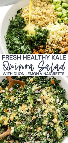 fresh, healthy kale quinoa salad with lemon vinaigrette dressing