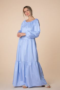 Sky Blue Dress, Blue Maxi Dress, Sky Blue Maternity Dress, Loose Maxi Dress, Boho Dress, Ruffle Dress, Long Sleeve Dress, Plus Size Dress 🍒 This beautiful Sky Blue maxi dress is cut in lovely soft summer poplin fabric which makes its look unique, elegant and stylish. The maxi frame gives the dress the comfy fit we all need. Cut for an oversized fit, it drapes from the shoulders and moves elegantly as you walk. This long sleeve dress is a nice choice for plus size clothing and maternity dress! E Blue Long-sleeve Dress With Ruffle Hem, Blue Ruffle Hem Dress For Daywear, Blue Ruffle Hem Dress For Brunch, Blue Daywear Dress With Ruffle Hem, Light Blue Ruffled Maxi Dress For Daywear, Blue Midi Dress With Ruffle Hem, Light Blue Ruffled Dress For Daywear, Light Blue Maxi Dress With Ruffle Hem, Blue Ruffle Hem Maxi Dress