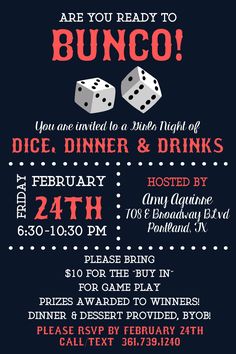 a flyer for a party with dices on the front and sides, which reads are you ready to bunco?