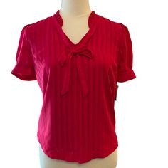 Maison Jules - Womens Red Blouse Size Xs. Nwt Beautiful Top, Perfect For Any Occasion, Dress Up Or Down. Ruffled Collar, Vneck With Bow Tie Neck. Banded Cuffs Short Sleeves, Lining, 100% Polyester. New With Tags. Smoke / Pet Free Home . Feminine Red V-neck Tops, Elegant Red V-neck Tops, Feminine Red Blouse For Work, Classic Fitted Red Top, Red Feminine Short Sleeve Top, Feminine Red Short Sleeve Top, Red Fitted Top For Formal Occasions, Fitted Feminine Red Blouse, Elegant Red Short Sleeve Blouse