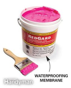 a pink paint bucket with a brush next to it and the words waterproofing membrane