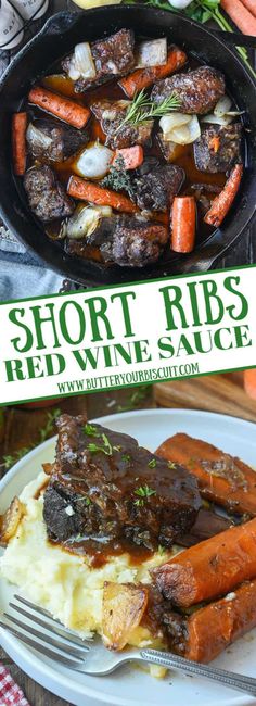 short ribs with red wine sauce in a cast iron skillet