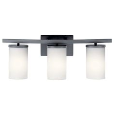 three light bathroom fixture with frosted glass shades on the bottom and black metal frame