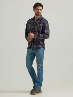 A SLIMMED-DOWN CLASSIC Designed to go with everything in your closet, our Men's Slim Fit Bootcut Jean provides the perfect mix of comfort and style. Better than classic, these bootcut jeans are crafted from a comfortable cotton blend with just a hint of stretch for added flexibility. They come with the signature five-pocket styling, "W" embroidery, a slim fit through the thigh, and a bootcut leg opening that looks great with any shoe. Mens Rustic Fashion, Fashion For Men Over 40, Bootcut Jeans Outfit, Blue Shirt With Jeans, Fall Workwear, Men Bodies, Jeans Outfit Men, Clothing Reference, Workwear Jeans