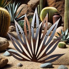 a metal sculpture sitting on top of a dirt ground next to cactuses and rocks