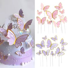 a cake with butterflies on it next to a photo of the cake topper that says happy birthday