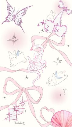 some pink ribbons and butterflies on a white background